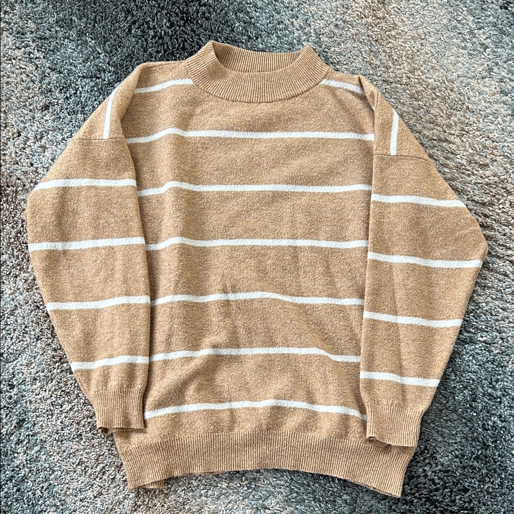 Women's Tan and White Striped Oversized Sweater